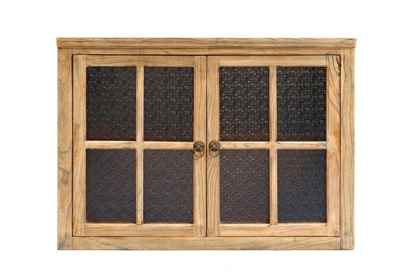 מזנון מעץ מעוצב עם דלתות זכוכית, מתאים לתאורה לסלון ועיצוב הבית.