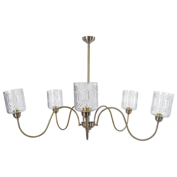 שנדליר מעוצב עם חמישה גופי תאורה, זכוכית שקופה ועיצוב קלאסי, מושלם לתאורה לסלון.