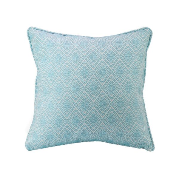 כרית נוי בצבע טורקיז עם דגם גיאומטרי, מתאימה לסלון או לחדר שינה.