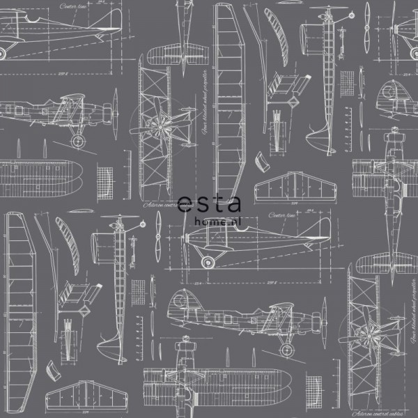 טפט מעוצב עם סקיצות של מטוסים על רקע אפור, מתאים לעיצוב חדרים עם סגנון ייחודי.