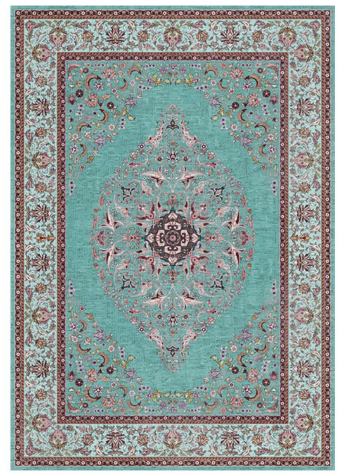 שטיח מעוצב בצבעים תכלת ואדום עם דוגמת פרחים, מתאים לתאורה לסלון ועיצוב פנים.